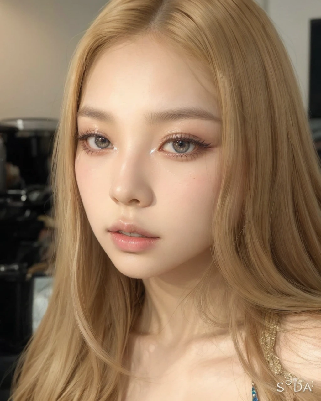 high quality portrait of soojin from kpop group gidle, beautiful detailed eyes, beautiful detailed lips, extremely detailed face and skin, long eyelashes, detailed hair, elegant expression, intricate jewelry, colorful makeup, dramatic lighting, cinematic composition, vibrant colors, digital painting, artwork by greg rutkowski and alphonse mucha