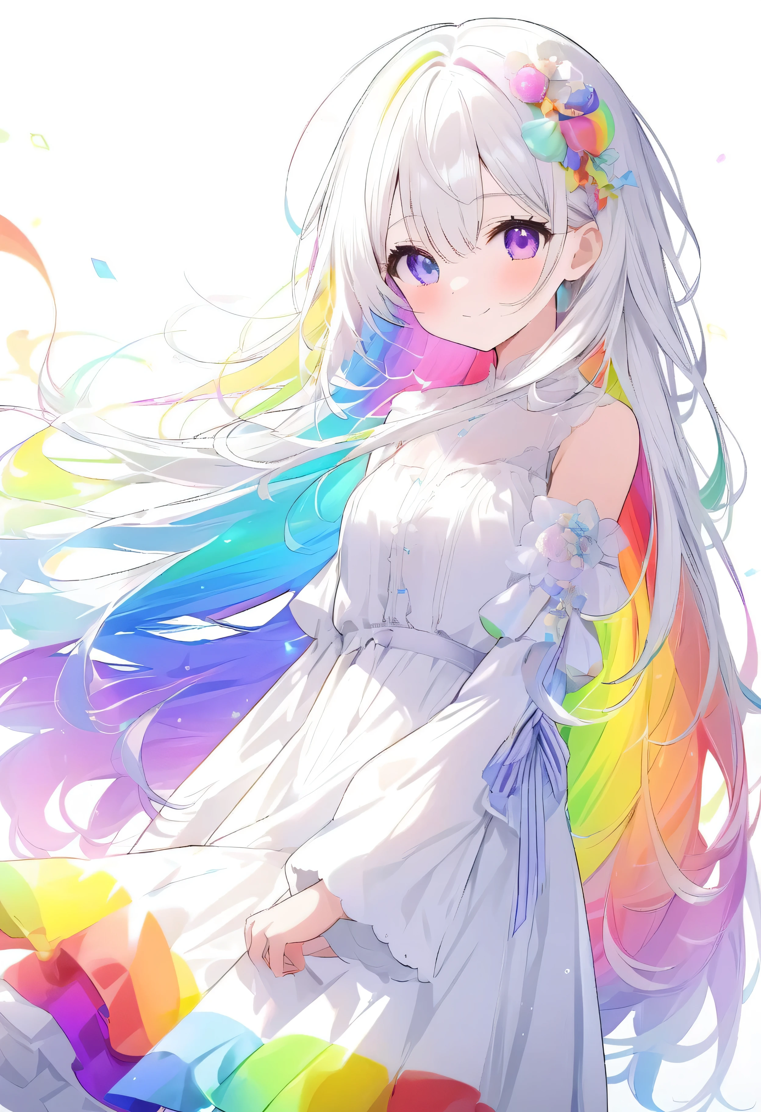 Rainbow colors、Bright colors、Colorful、mysterious、mysteriousな色、White Hair、Bright white hair、White Hairの毛、Rainbow colorsの髪、Long Hair、beautiful、Rainbow colorsの目、Bright colorsの目、Colorfulな目、beautifulな目、White background、White Background、、Rainbow colors、White clothing、Can be various colors、Mr.々The image of having the ability to become a、っぽい、Smile a little、Smiling a little
