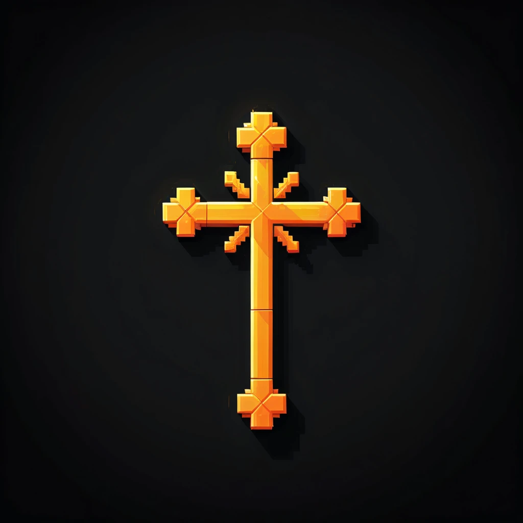 pixel art, cartoon illustration, cross, yellow and orange colors, simple black background, game icon