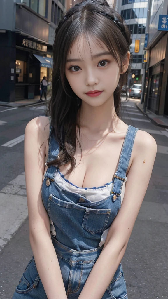 European Streets,One woman,fully body photo,masutepiece, The highest image quality, High quality, the background is clear,Beautiful woman, Japanese, Detailed, Detailed eyes, Detailed skin, Beautiful skin, 超hight resolution, (reality: 1.4),Very beautiful woman, Slightly younger face, Beautiful skin, slender, (Ultra photo realsisim), (hight resolution), (8K), (Very detailed) (beautifully detailed eyes), (super detailed), (Detailed face), view the viewer, Fine details, Detailed face, Staring straight ahead, Staring straight ahead, photos realistic, Bright lighting, Professional Lighting, Black hair,poneyTail,a baby face,fifteen years old,Hairstyle is ponytail,long ponytail hairstyle,slight smile,neat and tidy clothing,European Streets,Beautiful Japanese KPOP idol photo, hair style is ponytail, my eyes are double and wide, baby face, smile and look straight ahead, slender, small breasts,Formal shirt,Jeans,close up face,denim overalls