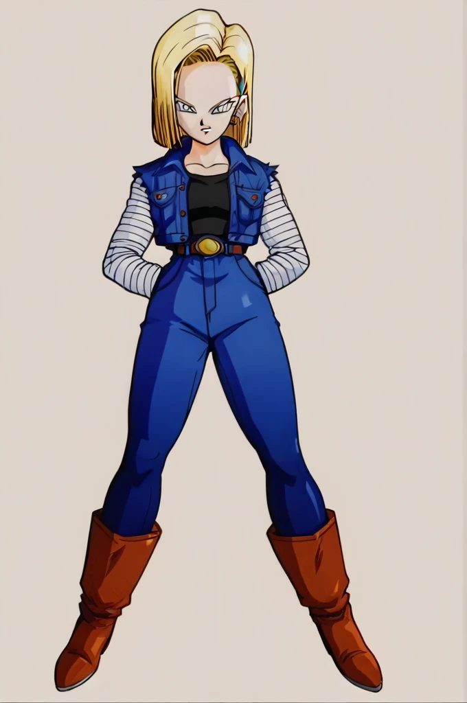 source_anime, score_9, score_8_up, score_7_up, anime screencap,
detailed face, android 18, 1girl, short hair, blue eyes, blonde hair, thong leotard, thigh high boots, jacket, grunt,