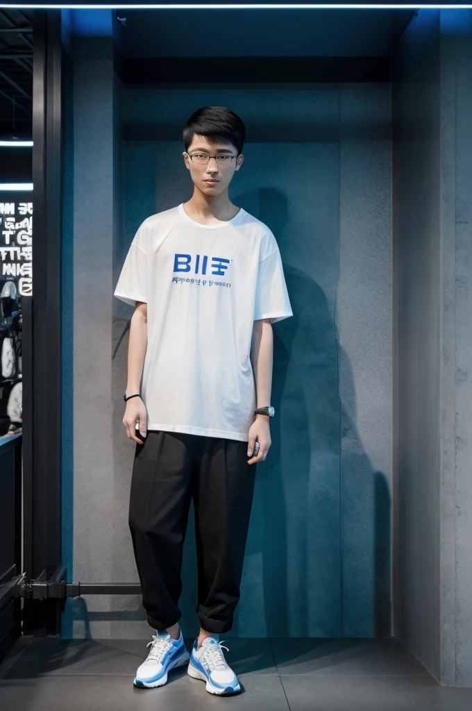 21 year old Beijing boy, he is wearing a oversize xxl blue plain t-shirt, he is wearing black trousers, he is wearing sneakers, he is wearing glasses, city, full body,  he is buzz cut Hair, foot, walking, young skin