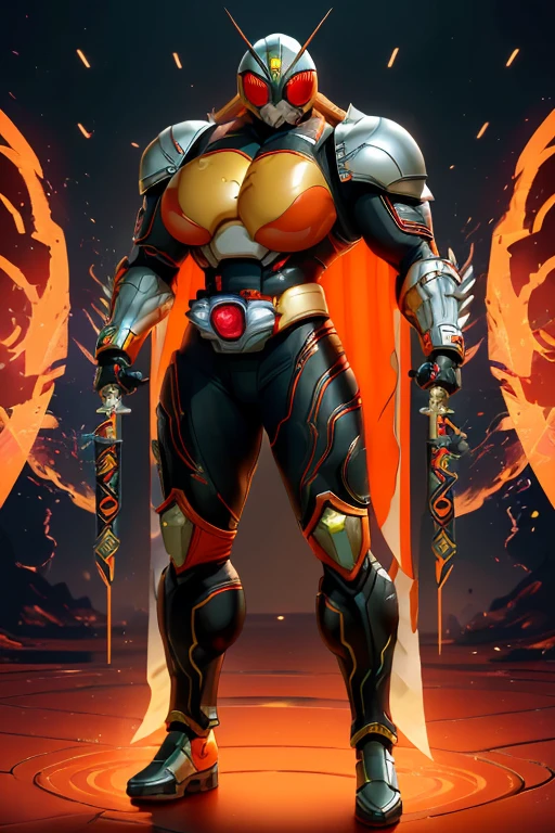 ((((Massive, beautiful, buff, muscular pale white skinned female kamen rider with orange hair, black lipstick, ginormous bulky muscles, holding a fire sword katana and wearing a gleaming orange kamen rider armored suit with pants)))), {close view}, black eyeliner, massive muscles, large breast, massive biceps, hyper muscle triceps, (long shaggy hair), green eyes, kamen rider boots, (In a dilapidated city), (kamen rider armor), (cape), nighttime, closed smile, hyper muscles arms, hyper muscle legs, ginormous arms