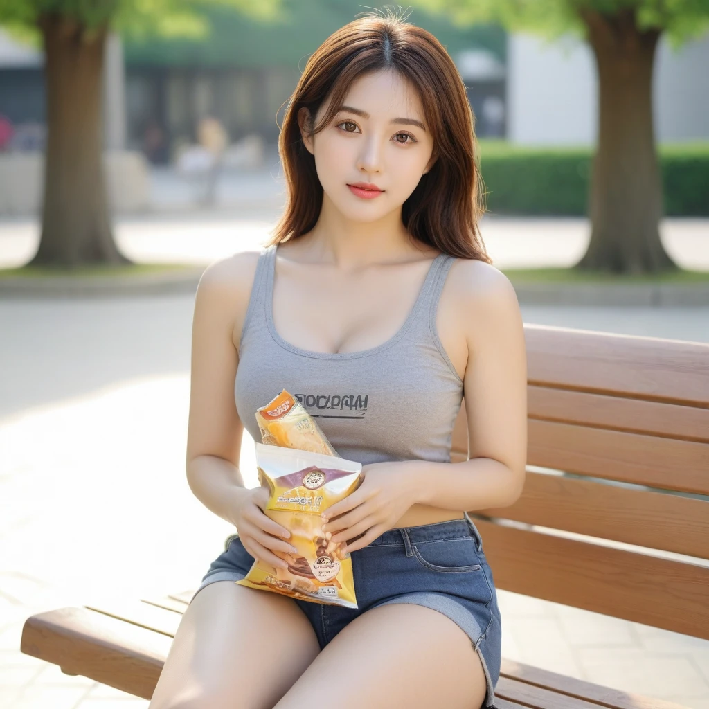 close-up of beautiful korean female, 34 inch breasts size, wearing gray tank top, shorts, sitting crosses legs on a bench, holding snack bag, sunshine light, bokeh background, UHD, looking at viewer, korean, almond-shaped eyes, Enraptured look, Full body