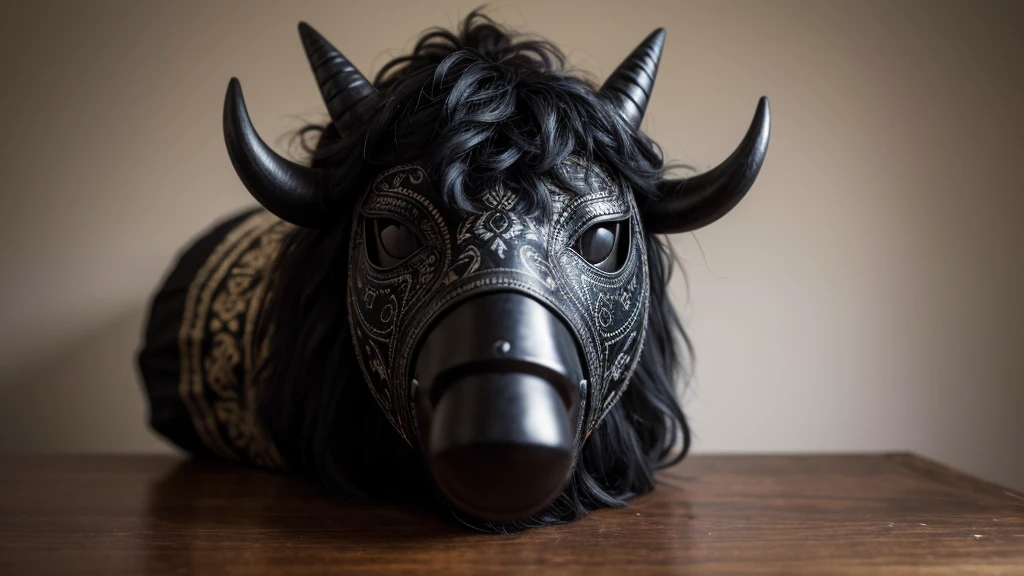 A black mask with sheep details sits atop a wooden table. The mask’s surface is textured to resemble the wool of a black sheep, with intricate, realistic details. Large, expressive eyes and curved horns add to its striking appearance. Delicate tribal patterns are etched around the eyes and along the horns, enhancing its mystical aura. The mask exudes a sense of power and tradition, captivating all who gaze upon it, An empty mask, An empty mask, An empty mask