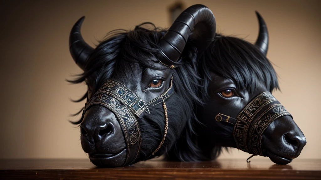 A black mask with sheep details sits atop a wooden table. The mask’s surface is textured to resemble the wool of a black sheep, with intricate, realistic details. Large, expressive eyes and curved horns add to its striking appearance. Delicate tribal patterns are etched around the eyes and along the horns, enhancing its mystical aura. The mask exudes a sense of power and tradition, captivating all who gaze upon it, An empty mask, An empty mask, An empty mask