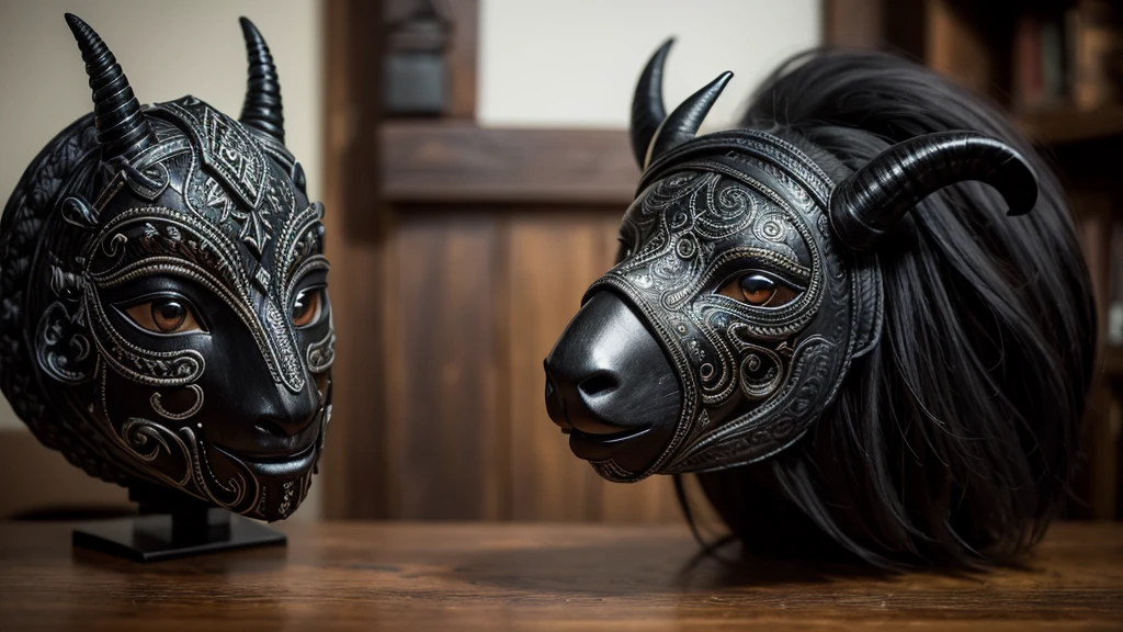 A black mask with sheep details sits atop a wooden table. The mask’s surface is textured to resemble the wool of a black sheep, with intricate, realistic details. Large, expressive eyes and curved horns add to its striking appearance. Delicate tribal patterns are etched around the eyes and along the horns, enhancing its mystical aura. The mask exudes a sense of power and tradition, captivating all who gaze upon it, An empty mask, An empty mask, An empty mask