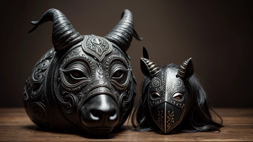 A black mask with sheep details sits atop a wooden table. The mask’s surface is textured to resemble the wool of a black sheep, with intricate, realistic details. Large, expressive eyes and curved horns add to its striking appearance. Delicate tribal patterns are etched around the eyes and along the horns, enhancing its mystical aura. The mask exudes a sense of power and tradition, captivating all who gaze upon it, An empty mask, An empty mask, An empty mask
