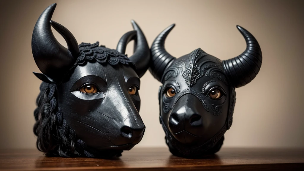 A black mask with sheep details sits atop a wooden table. The mask’s surface is textured to resemble the wool of a black sheep, with intricate, realistic details. Large, expressive eyes and curved horns add to its striking appearance. Delicate tribal patterns are etched around the eyes and along the horns, enhancing its mystical aura. The mask exudes a sense of power and tradition, captivating all who gaze upon it, An empty mask, An empty mask, An empty mask