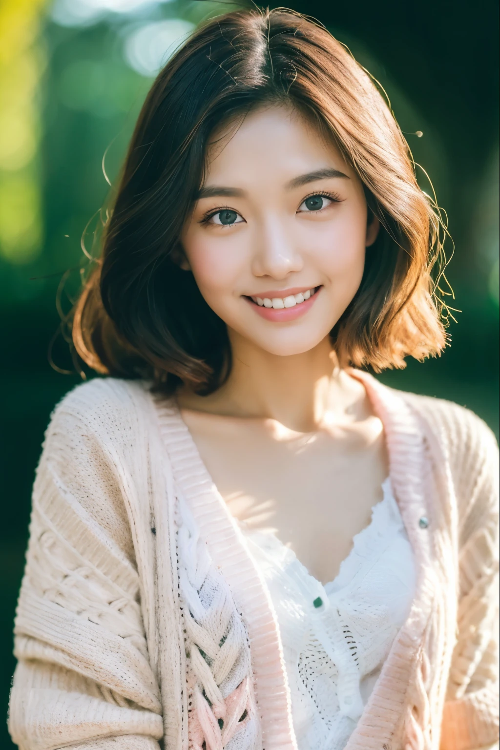 full body, ((best qualtiy, 8K, tmasterpiece:1.3)), Focus:1.2, perfect figure beautiful woman:1.4, asian woman, Cocked buttocks:1.2, ((Cut hair in layers:1.2)), (medium tits), light pink (cardigan:1.5), dark green skirt, Highly detailed facial and skin texture, no make up, A detailed eye, double eyelid,Whiten skin,long whitr hair, ssmile,, morning in the grden, warm sunshine, back lighting, analog Kodak film grain