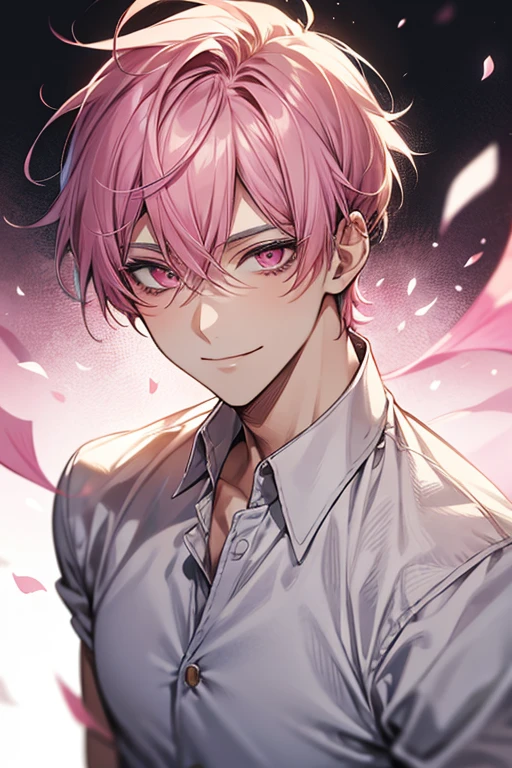 good looking, alone, 1 male, short hair, Pink Hair, Droopy eyes,Pink Eyes, Smile Facial