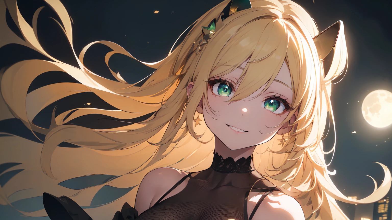 ((((Obra maestra, La mejor calidad, ultrahigh resolution)))), 1girl, standing,), ((long pure blonde hair, hair over eye)), long hair cut, shiny skin, ((green eyes)), glowing_eyes, neon eyes, (ultra detailed eyes:0.7, beautiful and detailed face, detailed eyes:0.9), ((centered)), smirk, facing viewer, ((vibrant background, dark lighting, summer, sunlight)), large chested, looking at viewer, ((half closed eyes)), ((perfect hands)), (((head:1, arms, hips in view, elbows, in view))), ((hands behind back)), empty eyes, beautiful lighting, ((outside, outdoors)), defined subject, head tilt, (((gritty)), ((creepy)), ((cool)), ((beautiful)), (((SFW))), hair ornament, petals in the air, moon in the sky, city, mature woman, adult woman, sfw, dark gold night dress, night dress, she is a princess, smiling,  fullbody, fullbody shot
