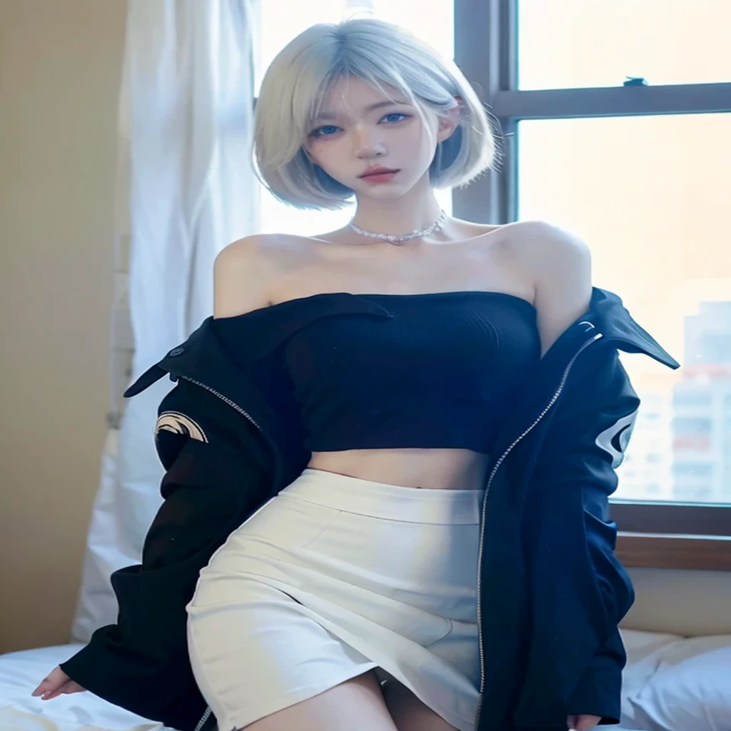 Beautiful woman with perfect figure:1.4，Ultra-high resolution，Seductive laughter，wear glasses，white background，（lifelike：1.4），Layered Hairstyle，White skin，Super short pleated skirt，whole body，Very delicate face and skin texture，Double eyelids，Skin Whitening，Long hair，White hair，White，