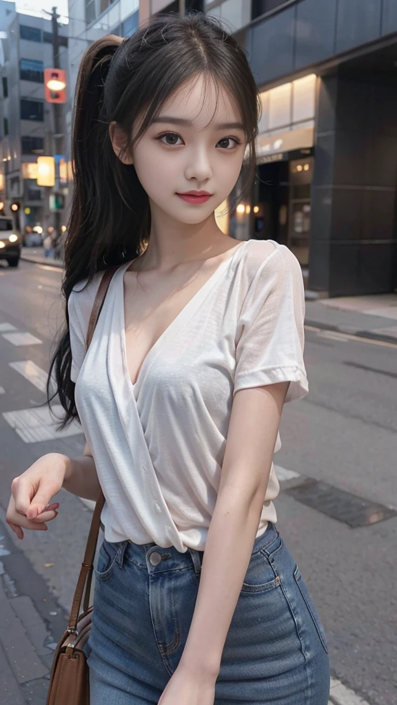 European Streets,One woman,fully body photo,masutepiece, The highest image quality, High quality, the background is clear,Beautiful woman, Japanese, Detailed, Detailed eyes, Detailed skin, Beautiful skin, 超hight resolution, (reality: 1.4),Very beautiful woman, Slightly younger face, Beautiful skin, slender, (Ultra photo realsisim), (hight resolution), (8K), (Very detailed) (beautifully detailed eyes), (super detailed), (Detailed face), view the viewer, Fine details, Detailed face, Staring straight ahead, Staring straight ahead, photos realistic, Bright lighting, Professional Lighting, Black hair,poneyTail,a baby face,fifteen years old,Hairstyle is ponytail,long ponytail hairstyle,slight smile,neat and tidy clothing,European Streets,Beautiful Japanese KPOP idol photo, hair style is ponytail, my eyes are double and wide, baby face, smile and look straight ahead, slender, small breasts,Formal shirt,Jeans,close up face,classy clothes