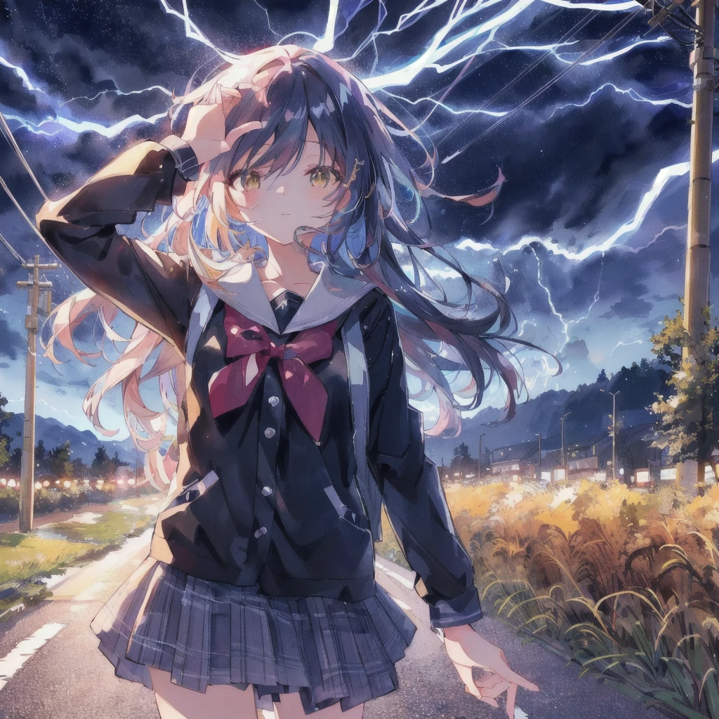 Anime girl standing on the road with lightning in the background, Lightning flashes behind her, 4k anime wallpaper, Anime Style 4k, anime lighting, anime wallpaper 4k, anime wallpaper 4k, 4K Manga Wallpapers, She's attracting lightning, anime art wallpaper 4k, anime art wallpaper 4k, Anime Art Wallpapers 8K