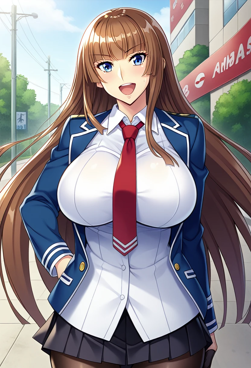 score_9, score_8_up, score_7_up, source_anime, game cg, aoi_nagisa_\(metalder\), BREAK solo, 1girl, koukawa asuka, brown hair, long hair, blue eyes, bangs, side bangs, (huge breasts:0.8), medium body, BREAK school_uniform, blue jacket, underbust, white collared blouse, red long necktie, black gloves, black pleated skirt, black pantyhose, BREAK happy, open mouth, outside, street, cowboy shot,