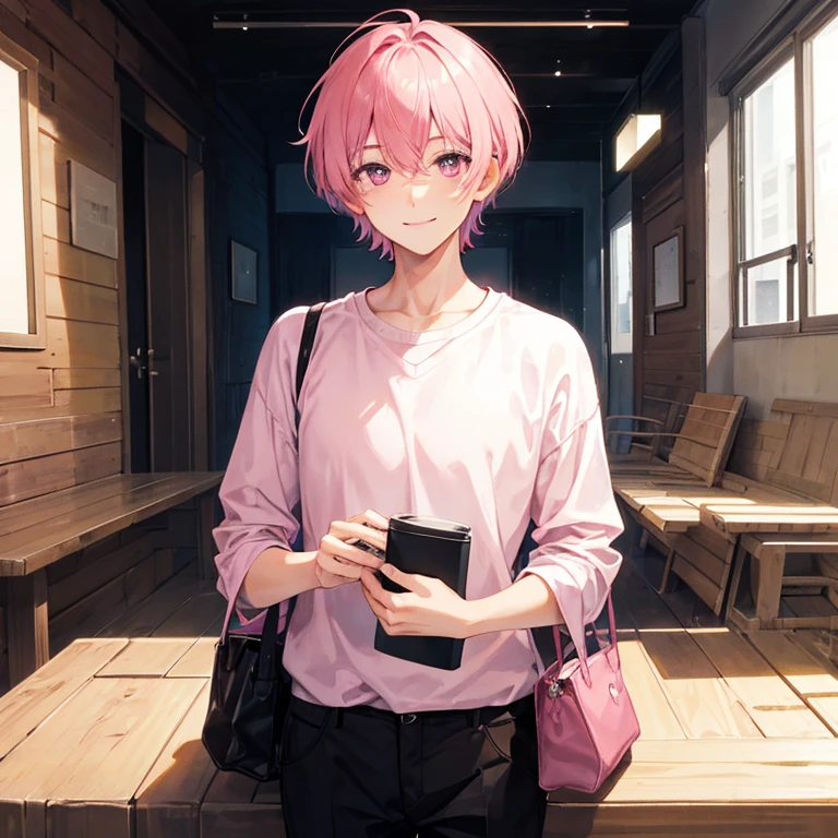 good looking, alone, 1 male, short hair, Pink Hair, Droopy eyes,Pink Eyes, Smile Facial