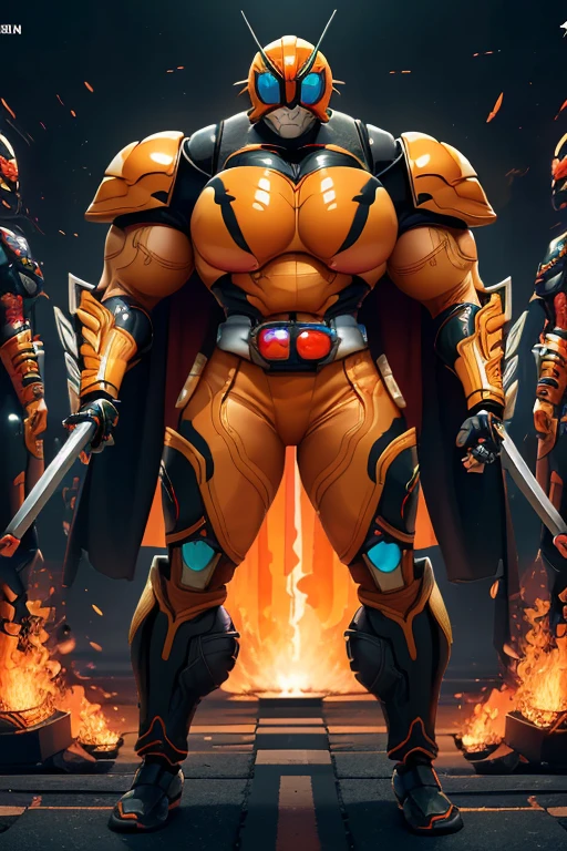 ((((Massive, beautiful, buff, muscular pale white skinned female kamen rider with orange hair, black lipstick, ginormous bulky muscles, holding a fire sword katana and wearing a gleaming orange kamen rider armored suit with pants)))), {close view}, black eyeliner, massive muscles, large breast, massive biceps, hyper muscle triceps, (long shaggy hair), green eyes, kamen rider boots, (In a dilapidated city), (kamen rider armor), (cape), nighttime, closed smile, hyper muscles arms, hyper muscle legs, ginormous arms