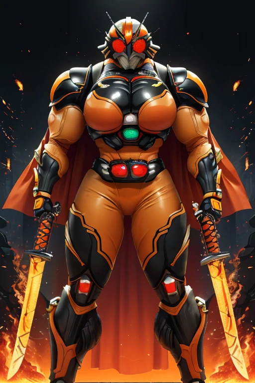 ((((Massive, beautiful, buff, muscular pale white skinned female kamen rider with orange hair, black lipstick, ginormous bulky muscles, holding a fire sword katana and wearing a gleaming orange kamen rider armored suit with pants)))), {close view}, black eyeliner, massive muscles, large breast, massive biceps, hyper muscle triceps, (long shaggy hair), green eyes, kamen rider boots, (In a dilapidated city), (kamen rider armor), (cape), nighttime, closed smile, hyper muscles arms, hyper muscle legs, ginormous arms