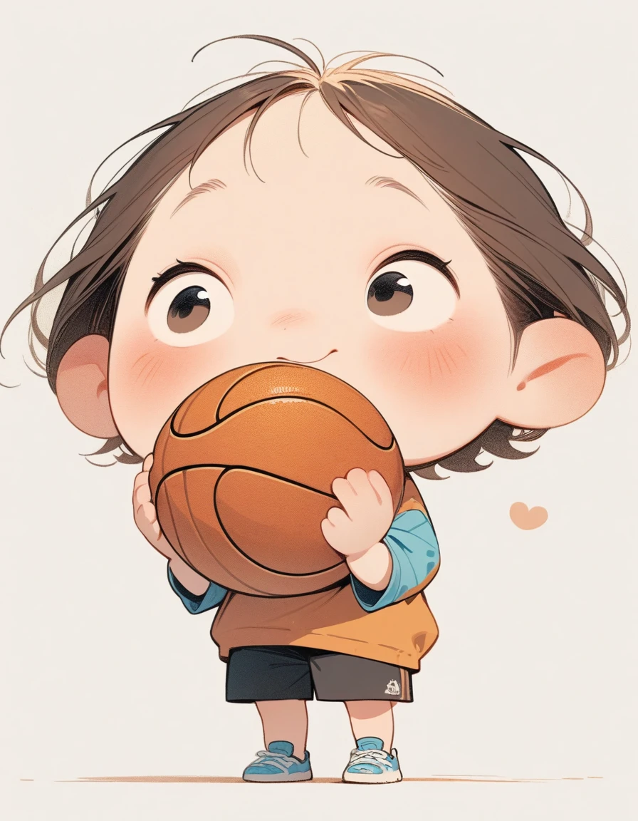 chibi style,Lovely,masterpiece, best quality, 8K, Clear focus,1 little boy,short hair,Holding a basketball,Clean background