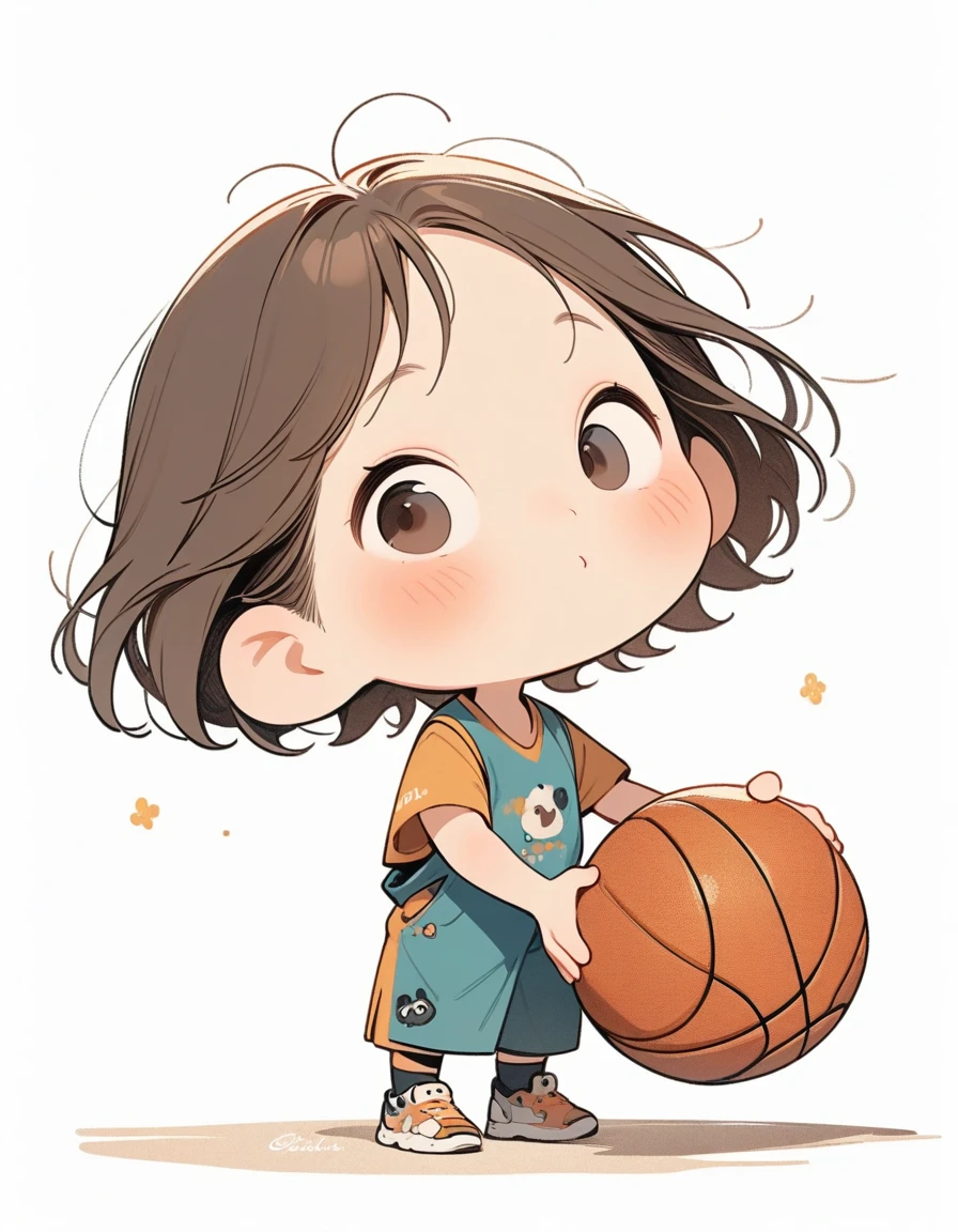 chibi style,Lovely,masterpiece, best quality, 8K, Clear focus,1 ,short hair,Holding a basketball,Clean background