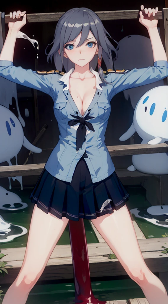 ((Highest quality)), ((Tabletop)), (detailed), , Dressed in a torn khaki safari shirt and miniskirt, Tied to a wooden pole in the jungle、Slime pouring down from above, Slime all over my face and bare feet, A khaki safari shirt that was torn to reveal cleavage, Mucus dripping from face and hair, Blushing、Trying to escape with a frightened expression, Tie your arms behind your back., Slime splattered over most of his face., Slime spreads all over the body, Blushing and frightened, Struggling to escape, Tied up Tentacles in the skirt