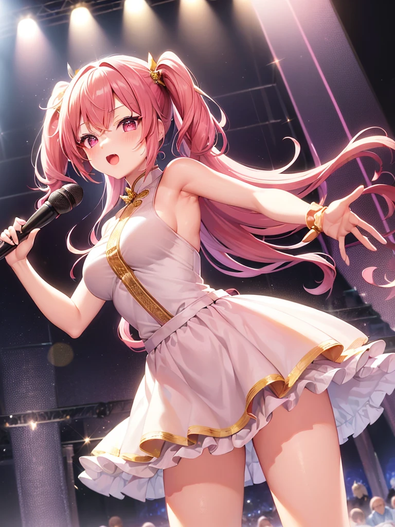 High quality,beautyな背景,detailed,masterpiece,beauty,1 person,aldult,Up to the waist,Idol,Cute Woman,Idol衣装,Fluttering,Lots of frills,Valley Coordination,笑face,Idolのステージ上に立つ,Live,Hold the microphone, 
((((perfection_face))),(Beautiful lighting:1.3),Dynamic Lighting,Dynamic Pose,Active,Pink Hair,Standing pose,Golden Ratio,Pink Eyes,Twin tails