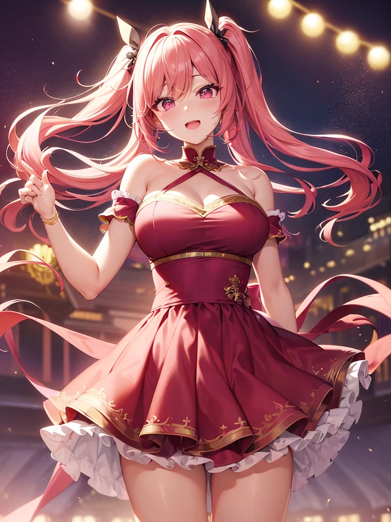 High quality,beautyな背景,detailed,masterpiece,beauty,1 person,aldult,Up to the waist,Idol,Cute Woman,Idol衣装,Fluttering,Lots of frills,Valley Coordination,笑face,Idolのステージ上に立つ,Live,Hold the microphone,
((((perfection_face))),(Beautiful lighting:1.3),Dynamic Lighting,Dynamic Pose,Active,Pink Hair,Standing pose,Golden Ratio,Pink Eyes,Twin tails