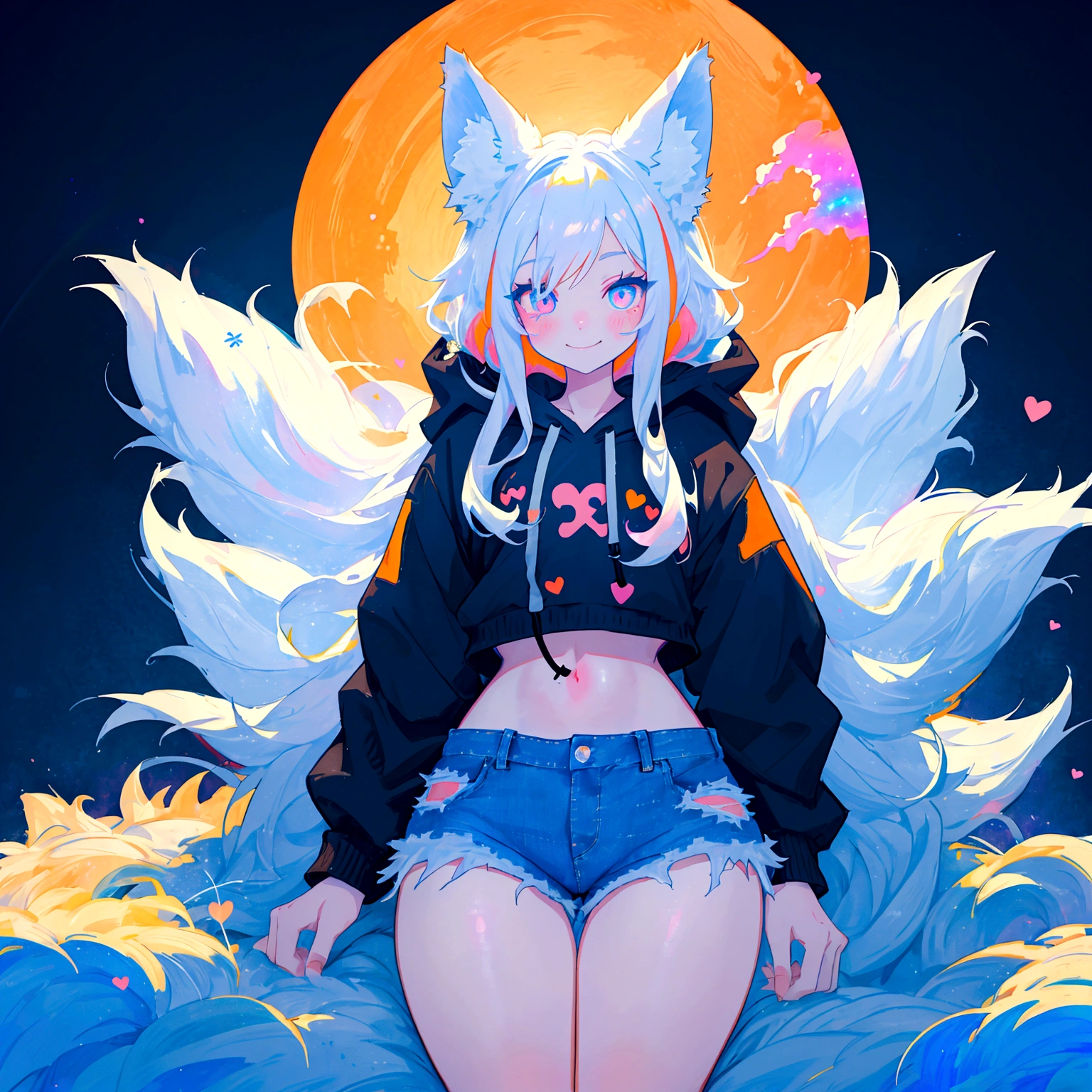 a cute adult male with wolf ears, long white hair, long locks, has a wolf tail, wearing a loose cropped black hoodie, wearing a pair of denim short shorts and fishnet stockings, thick thighs, wide hips, relaxing on mound of fluffy multi colored kawaii plushies, short, very slim, showing slender tummy, heart on hoodie, squishy thighs, has glowing blue eyes. alone, solo (ALONE)(SOLO), surrounded by rainbows, colorful galaxy backround, smiling