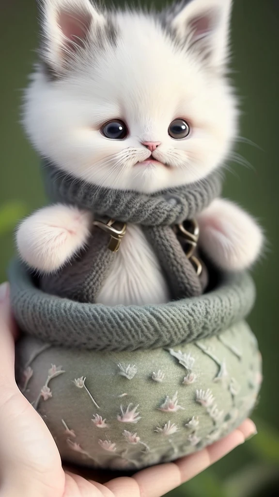 kitten in clothes, detailed paws、Cute Paw、miniature kitten, Animal focus, bearded, realistic, POV Hand, ambiguous background,smile,interesting、