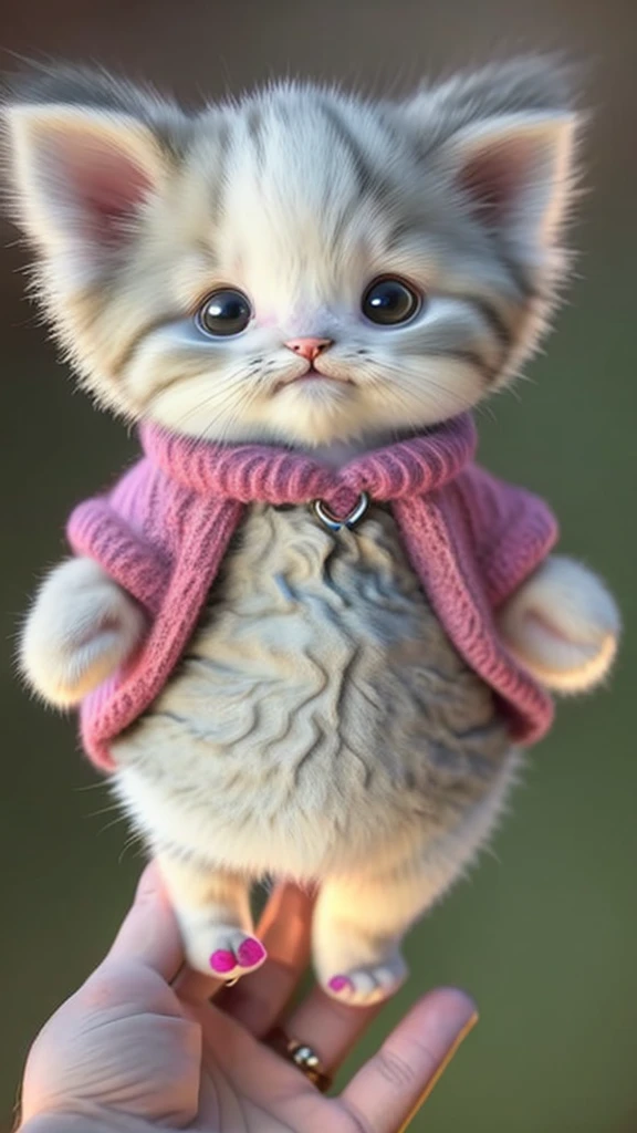 kitten in clothes, detailed paws、Cute Paw、miniature kitten, Animal focus, bearded, realistic, POV Hand, ambiguous background,smile,interesting、