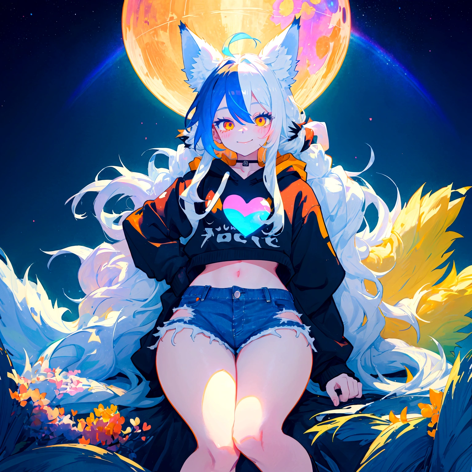 a cute adult male with wolf ears, long white hair, long locks, has a wolf tail, wearing a loose cropped black hoodie, wearing a pair of denim short shorts and fishnet stockings, thick thighs, wide hips, relaxing on mound of fluffy multi colored kawaii plushies, short, very slim, showing slender tummy, heart on hoodie, squishy thighs, has glowing blue eyes. alone, solo (ALONE)(SOLO), surrounded by rainbows, colorful galaxy backround, smiling