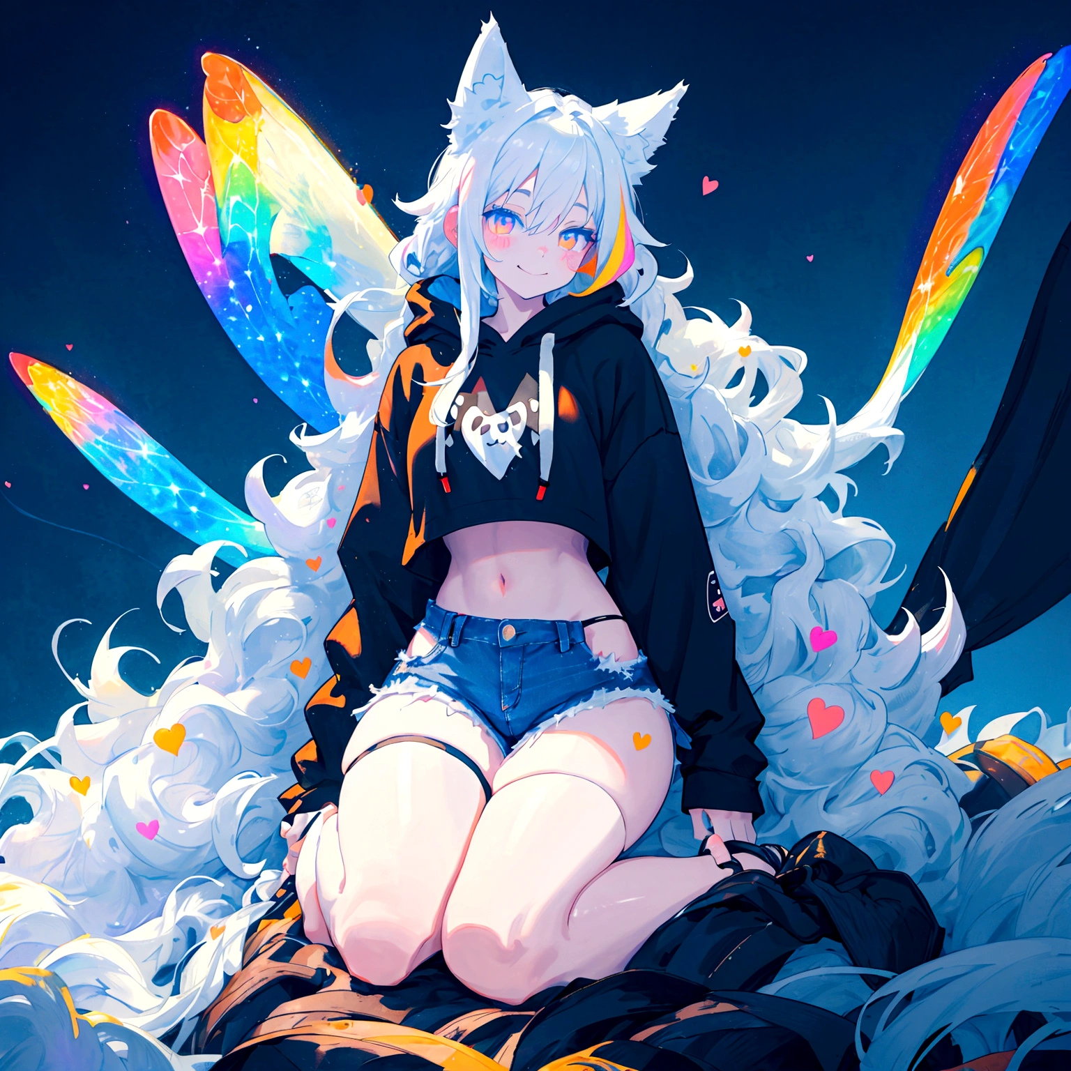 a cute adult male with wolf ears, long white hair, long locks, has a wolf tail, wearing a loose cropped black hoodie, wearing a pair of denim short shorts and fishnet stockings, thick thighs, wide hips, relaxing on mound of fluffy multi colored kawaii plushies, short, very slim, showing slender tummy, heart on hoodie, squishy thighs, has glowing blue eyes. alone, solo (ALONE)(SOLO), surrounded by rainbows, colorful galaxy backround, smiling