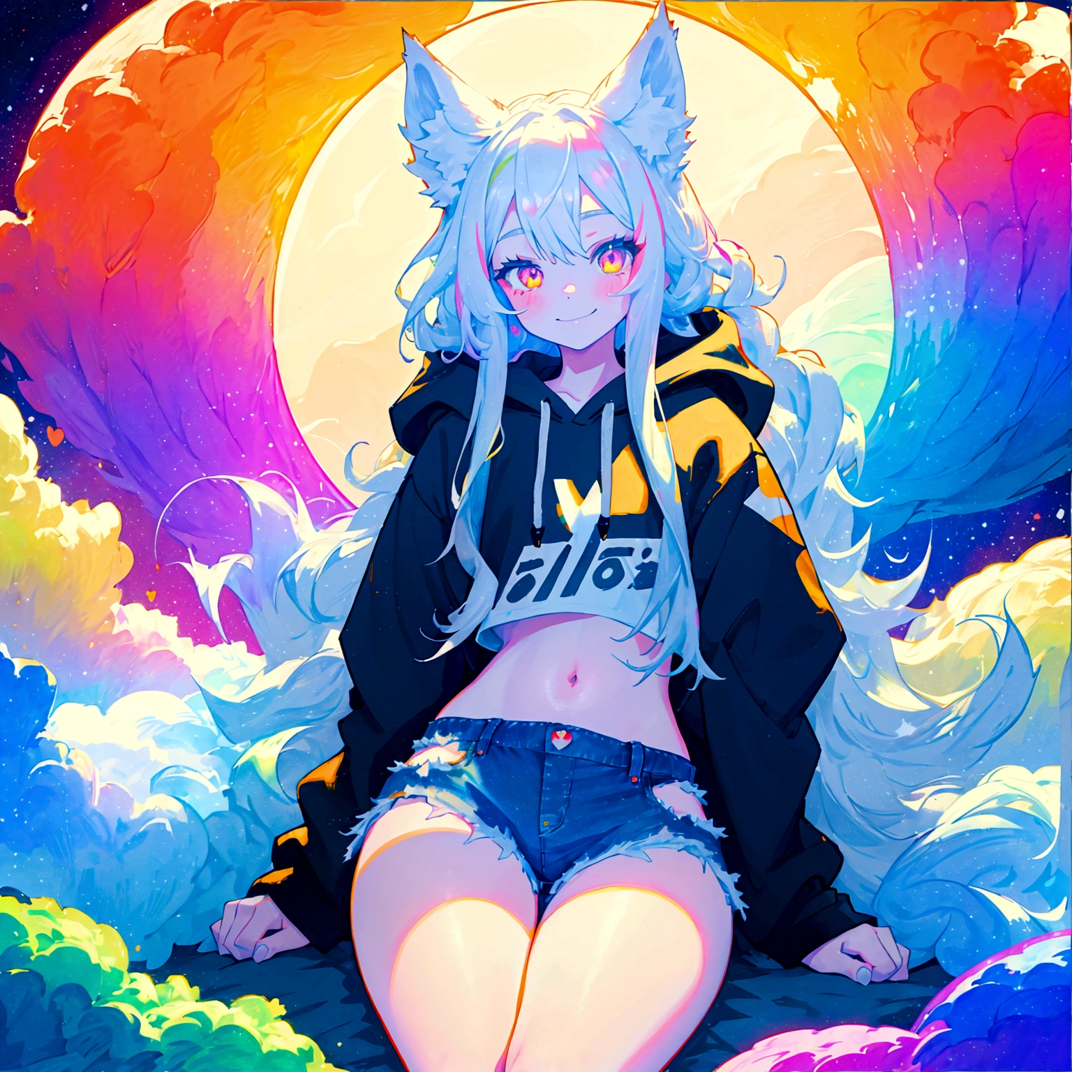 a cute adult male with wolf ears, long white hair, long locks, has a wolf tail, wearing a loose cropped black hoodie, wearing a pair of denim short shorts and fishnet stockings, thick thighs, wide hips, relaxing on mound of fluffy multi colored kawaii plushies, short, very slim, showing slender tummy, heart on hoodie, squishy thighs, has glowing blue eyes. alone, solo (ALONE)(SOLO), surrounded by rainbows, colorful galaxy backround, smiling