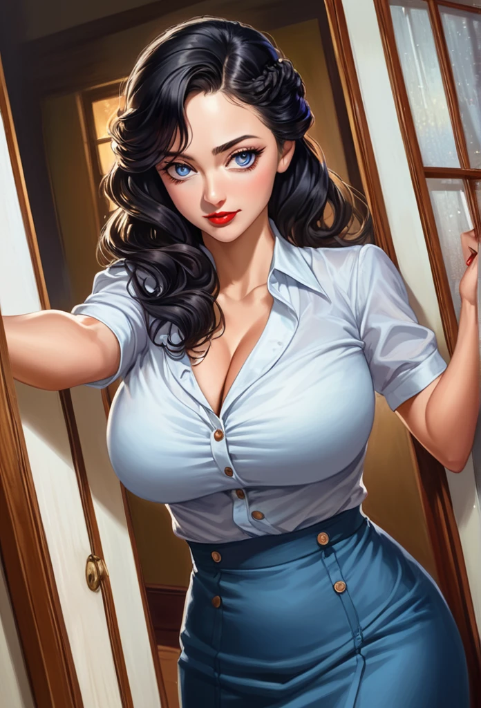 detailed illustration (side view),dynamic angle,ultra-detailed, detailed eyes, detailed face, 1girl, night , nightime, stars, 1940’s wife, tight and strained button up blouse and long skirt, anime eyes, lidded eyes, angry, standing in a nice house, domestic goddess, black hair, huge breasts, wholesome yet sexy, motherly, nurturing, MILF, glass sliding door, moonscape outside, dark blue eyes, highly detailed eyes, detailed eyes, bright eyes, long hair, wavy hair, red lips, buttons straining, cleavage too big, gaps between buttons, chest busting out, mad, yelling at camera, pointing at camera, beautiful face, attractive face, spilling out, Impressionist acrylic painting, 1woman, a beautiful young black haired woman, black halter dress, breasts, hips, midsection, inviting smile, realistic face, French braid, blushing, inviting eyes