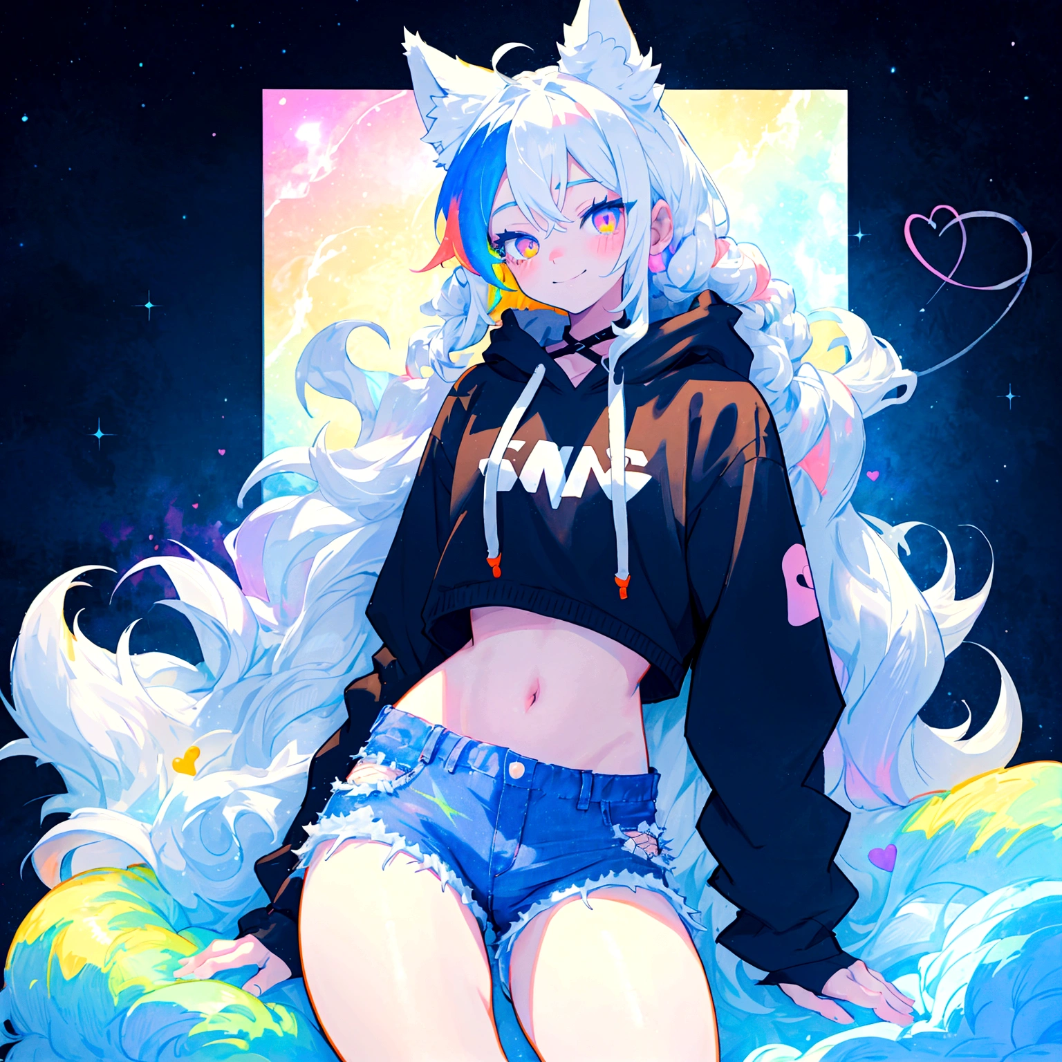 a cute adult male with wolf ears, long white hair, long locks, has a wolf tail, wearing a loose cropped black hoodie, wearing a pair of denim short shorts and fishnet stockings, thick thighs, wide hips, relaxing on mound of fluffy multi colored kawaii plushies, short, very slim, showing slender tummy, heart on hoodie, squishy thighs, has glowing blue eyes. alone, solo (ALONE)(SOLO), surrounded by rainbows, colorful galaxy backround, smiling