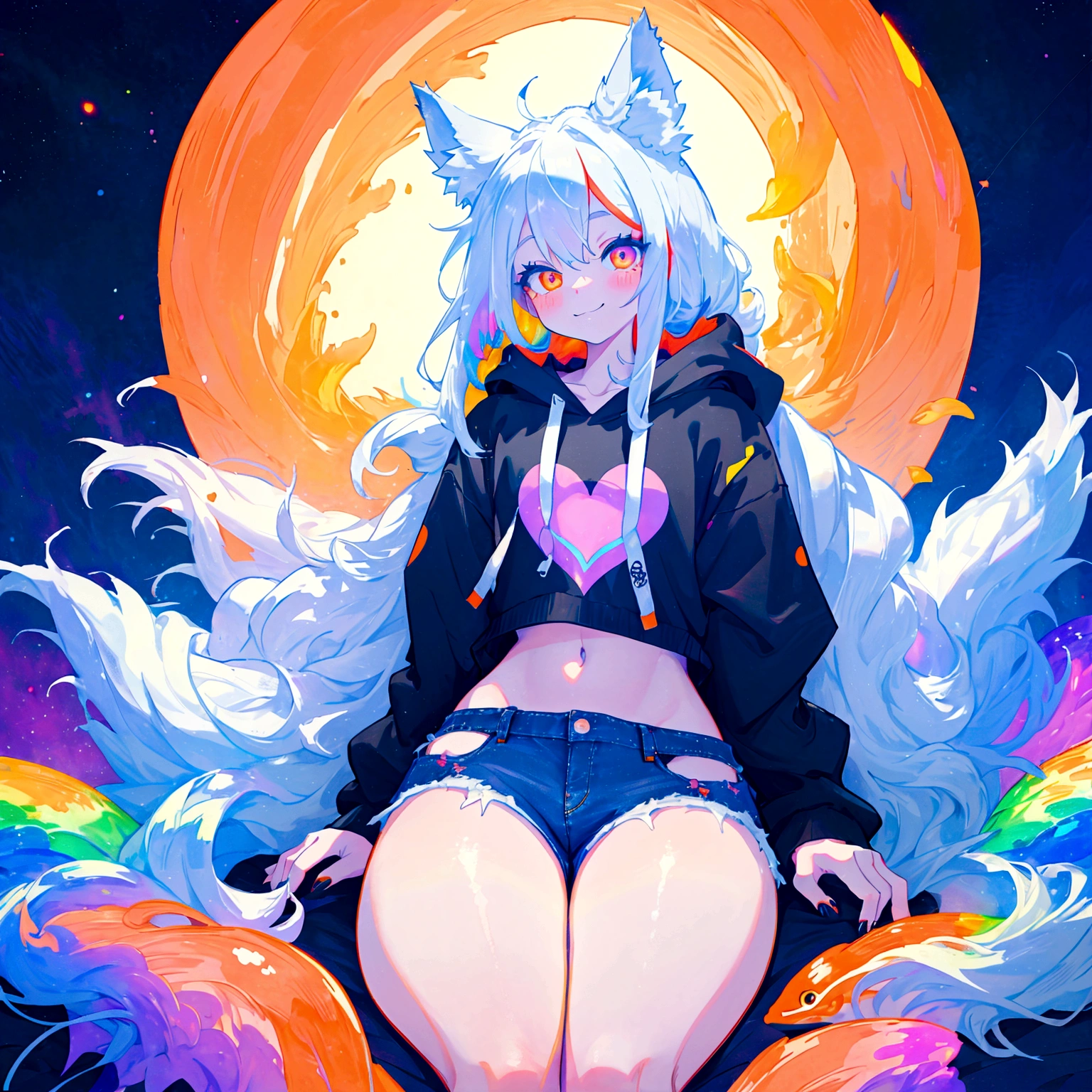 a cute adult male with wolf ears, long white hair, long locks, has a wolf tail, wearing a loose cropped black hoodie, wearing a pair of denim short shorts and fishnet stockings, thick thighs, wide hips, relaxing on mound of fluffy multi colored kawaii plushies, short, very slim, showing slender tummy, heart on hoodie, squishy thighs, has glowing blue eyes. alone, solo (ALONE)(SOLO), surrounded by rainbows, colorful galaxy backround, smiling