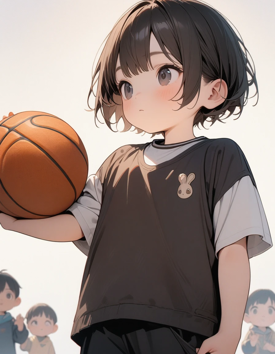 Lovely，masterpiece, best quality, 8K, Clear focus,Black short hair，Little boy holding a basketball，Clean background