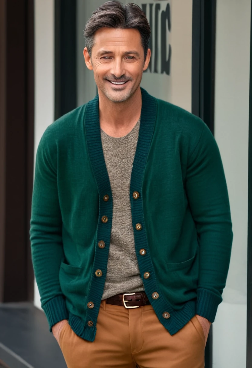 (Highest quality,8K,masterpiece)masterpiece, Highest quality, Realistic, 1 person, Mature Men, A quiet and attractive young man, Age 35, Close ~ eyes, ((A kind smile)), Mouth closed, Highly detailed face, a bit far, ((Dark green eyes)), ((Short brown hair swept to the side)), [Thick eyebrows], (Caramel cardigan and brown pants), (Waiting in front of the store)