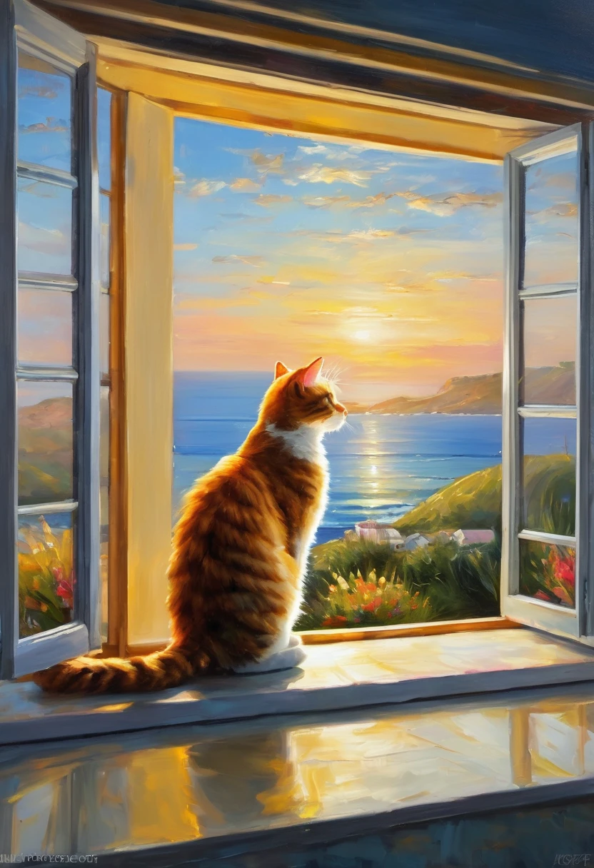 An oil painting,Great view from the window,sunrise,Ocean,horizon,peaceful,Cat on the windowsill
