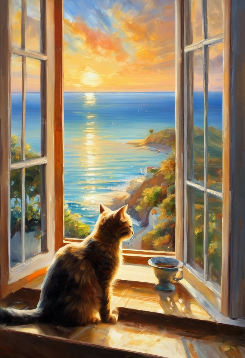 An oil painting,Great view from the window,sunrise,Ocean,horizon,peaceful,Cat on the windowsill
