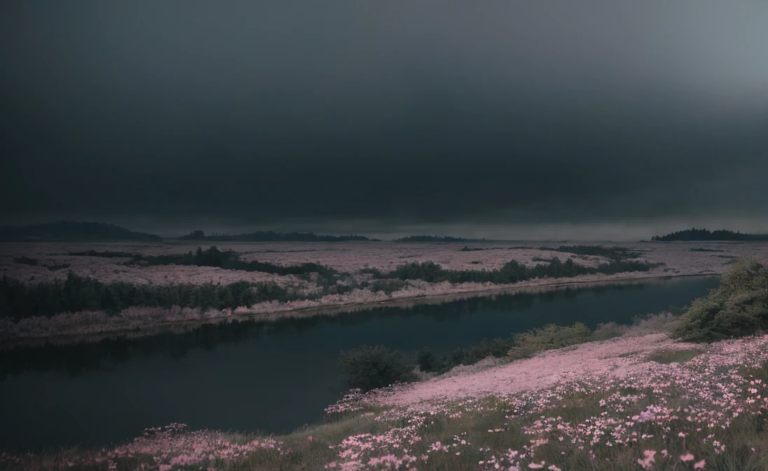 masterpiece of materpieces, PHOTOREALITIC, DENSE MIST. Smokey skies cast eerie light in the Anthropocene on a lake surrounded by cherry blossom trees, snow falling, pink dandelions covered in snow in enchanted forest, heavy mist and fog over the lake, fairy tale vibes, petals floating, dreamy looking, Sun burning like fire. Stars on the sky. Field filled with white flowers. PHOTOREALISTIC and cinematic. Nikon Z9