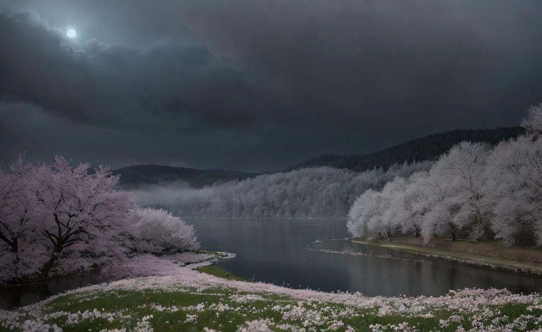 masterpiece of materpieces, PHOTOREALITIC, DENSE MIST. Smokey skies cast eerie light in the Anthropocene on a lake surrounded by cherry blossom trees, snow falling, pink dandelions covered in snow in enchanted forest, heavy mist and fog over the lake, fairy tale vibes, petals floating, dreamy looking, Sun burning like fire. Stars on the sky. Field filled with white flowers. PHOTOREALISTIC and cinematic. Nikon Z9