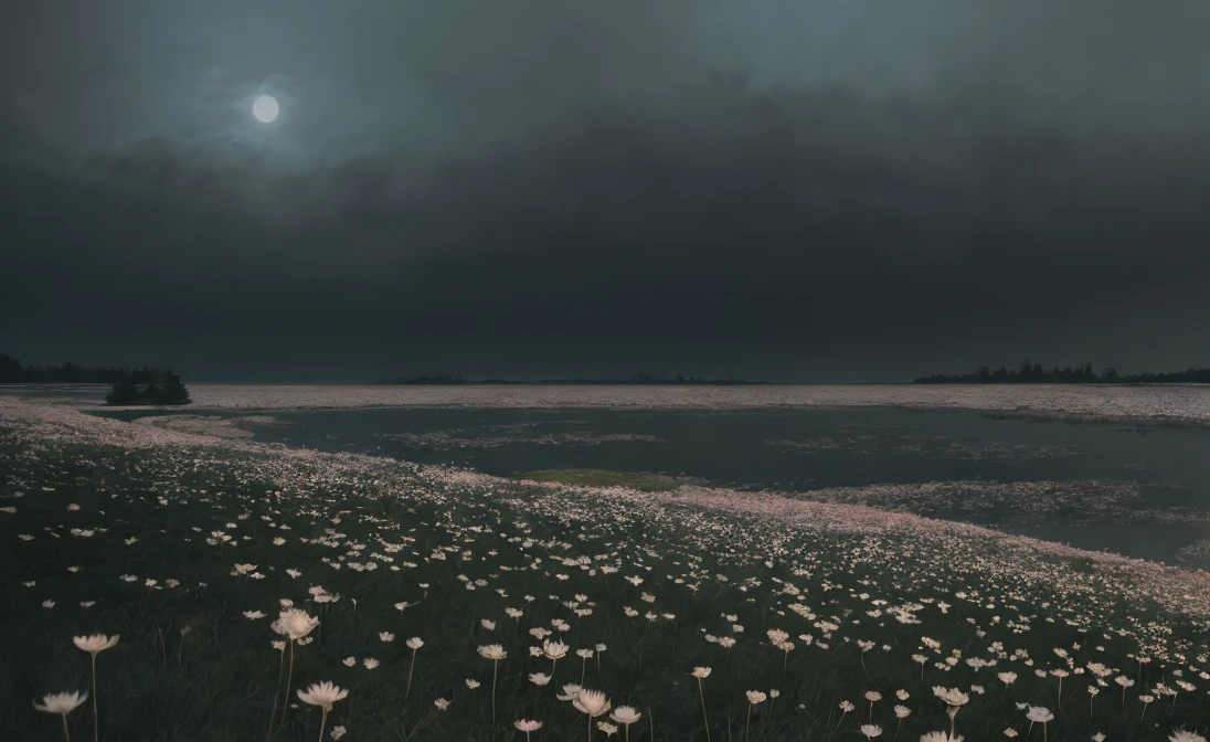 masterpiece of materpieces, PHOTOREALITIC, DENSE MIST. Smokey skies cast eerie light in the Anthropocene on a lake surrounded by cherry blossom trees, snow falling, pink dandelions covered in snow in enchanted forest, heavy mist and fog over the lake, fairy tale vibes, petals floating, dreamy looking, Sun burning like fire. Stars on the sky. Field filled with white flowers. PHOTOREALISTIC and cinematic. Nikon Z9