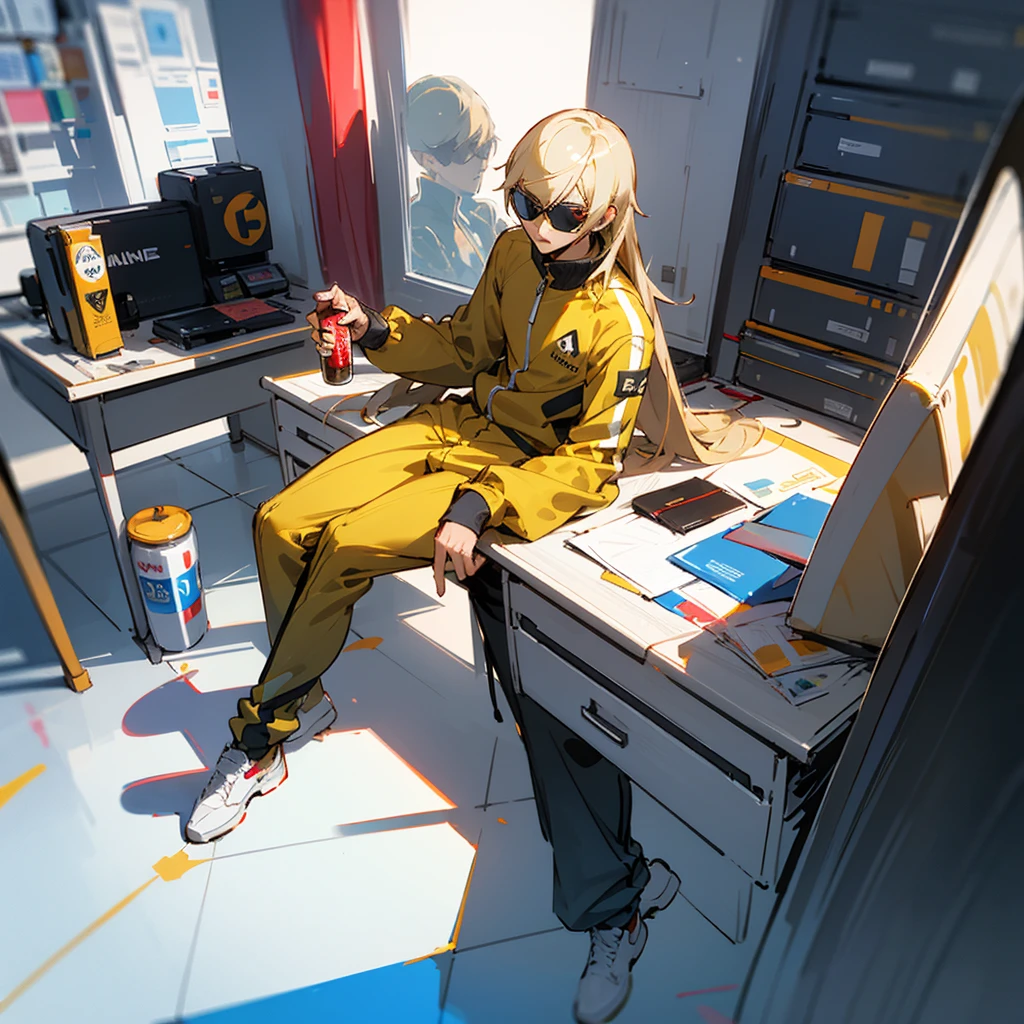 shigenori soejima concept art, persona, blond long-hair male teenager, wearing sunglasses and black-yellow tracksuit, sitting behind desk in swanky office, energy drinks on table, katana holstered, masterpiece, high contrast