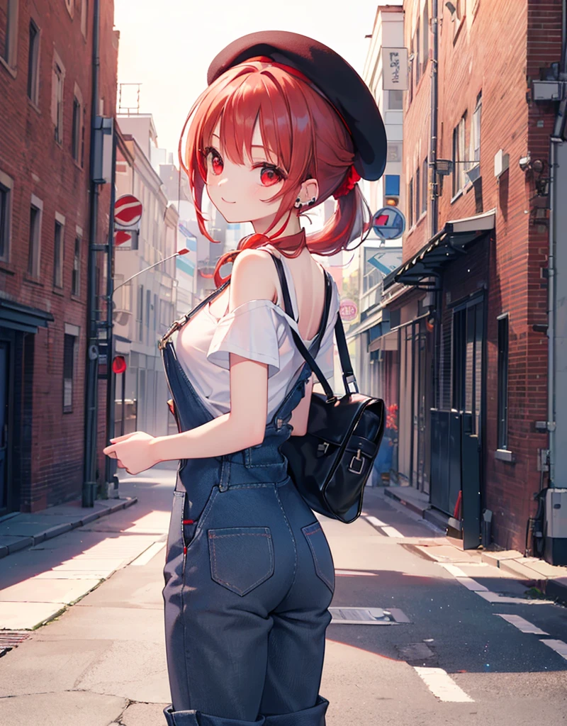 (Close-up:1.3),Realistic,Highest quality, Ultra Detail, High-quality CG rendering, The most delicate and beautiful, Floating softly, High resolution, (1 girl), (Highest quality,4K,8K,masterpiece:1.2),(All red hair:1.5), (ponytail:1.5),(Red eyes:1.5),(Slightly larger breasts:1.2), (Beige overalls:1.3),(Pure white inner T-shirt:1.3),(Black boots:1.3)、(Brown Beret:1.3)、Piercing in left ear,In the city,old buildings,(whole body:1.3),(smile),(Turn your back to your audience:1.3),Butt,Are standing,(Small shoulder bag:1.3)