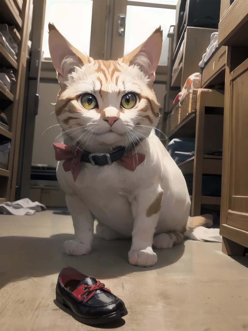 red tabby cat, fat, wearing shoes, eating tuna