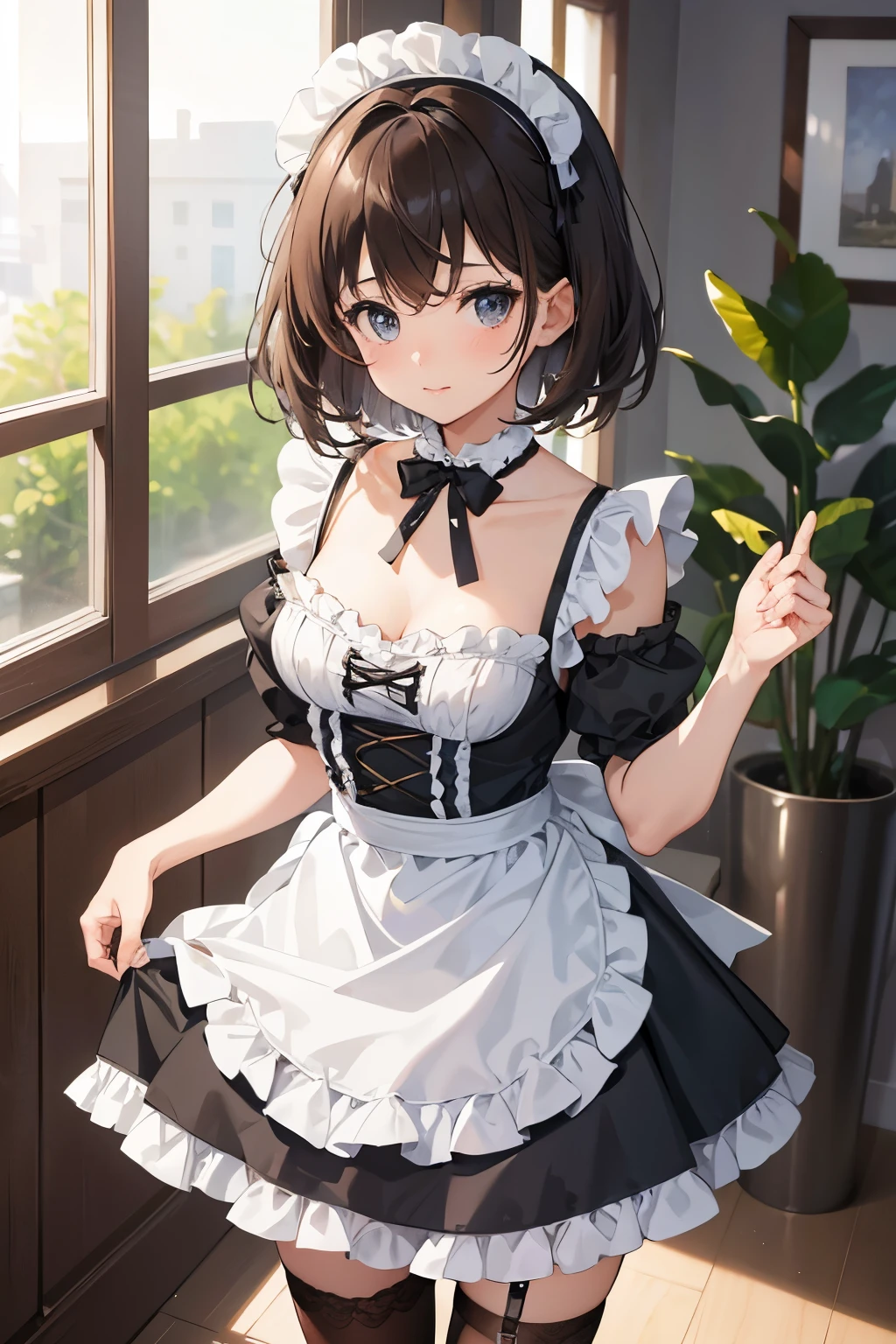 1girl, cute, innocent, sweet, shy, maid, maid outfit with frills, short brown hair, grey eyes, no background, absurdres, high res, ultrasharp, 8K, masterpiece, looking at viewer, standing, collar, collarbone, cleavage