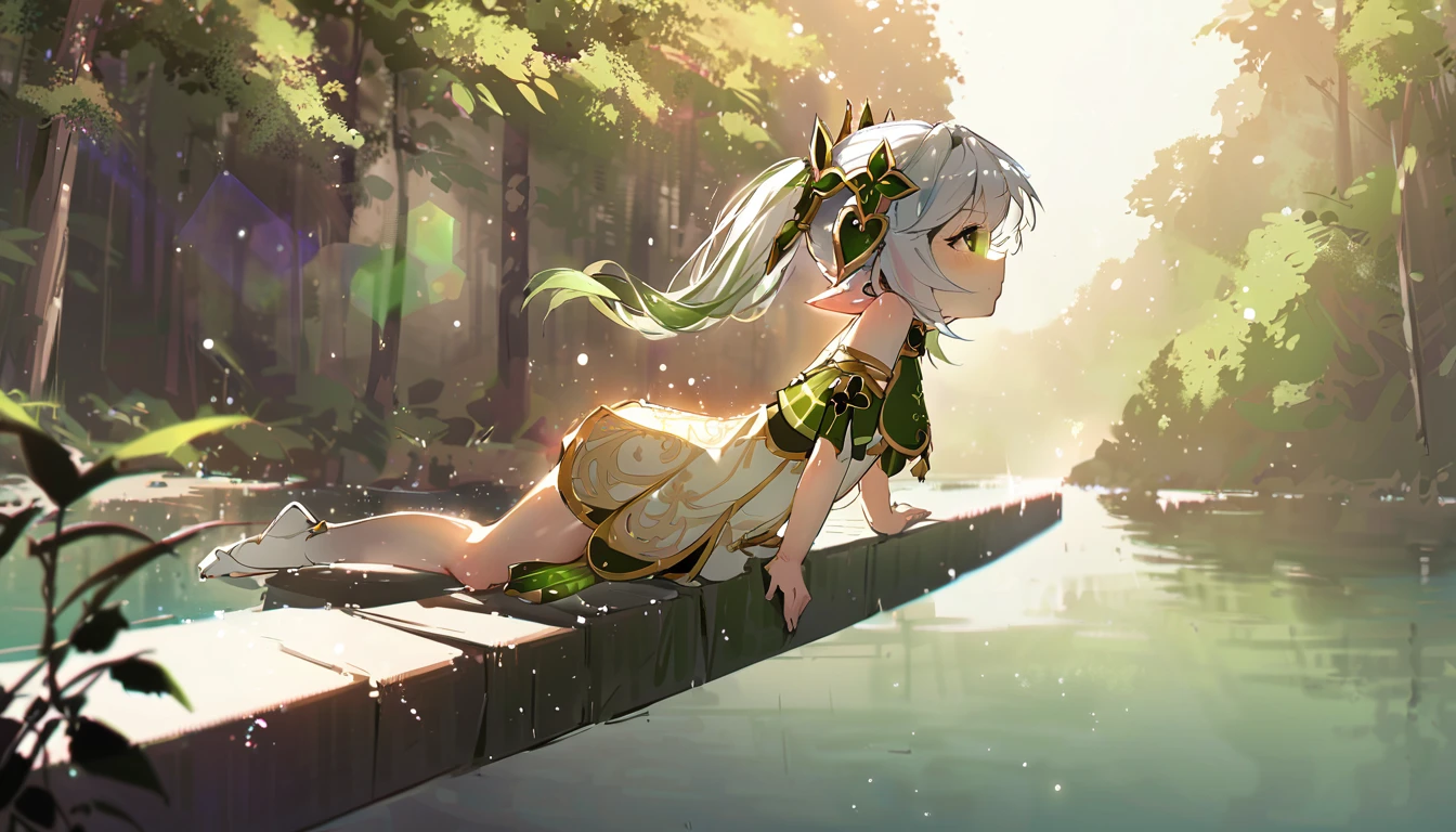 masterpiece,Highest quality,dispersion,alone,One girl, in the forest,Light particles, Light,Nahida,Arm support,Green Eyes,Waterfront