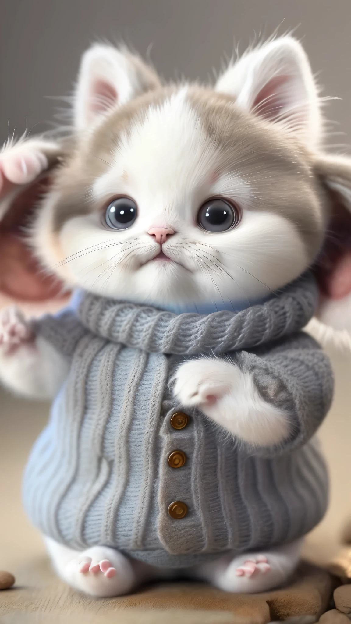 kitten in clothes, detailed paws、Cute Paw、miniature kitten, Animal focus, bearded, realistic, POV Hand, ambiguous background,smile,interesting、